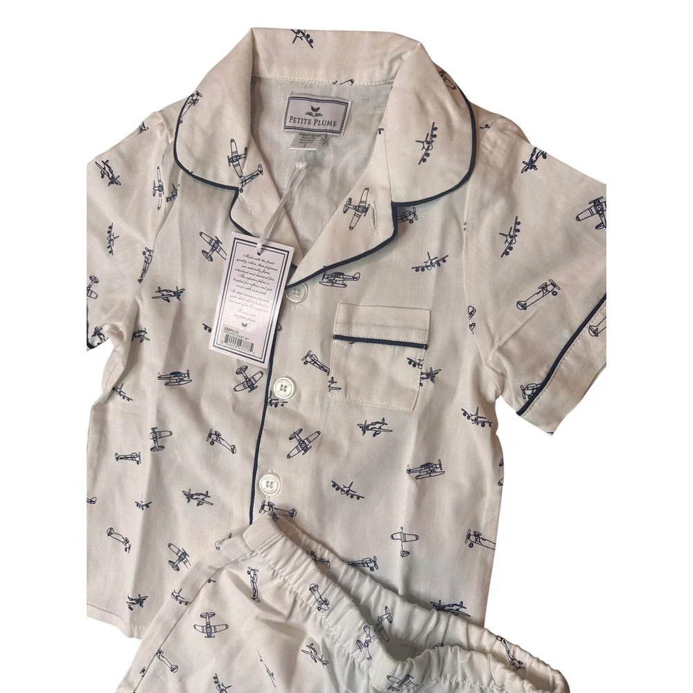 Petite Plume Boys Par Avion Airplane Short Pajama Set White Navy SSSPA102 Size 2